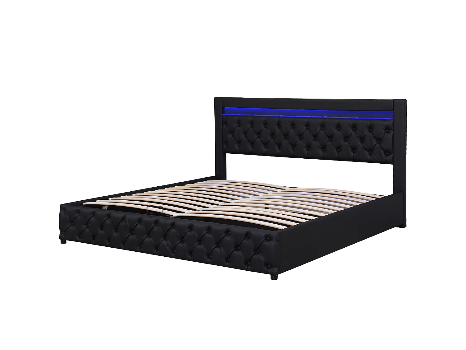 Lit 180x200 cm, lit tapissé avec rangement et LED télécommandable, tissu PU, somier inclus, sans matelas, noir