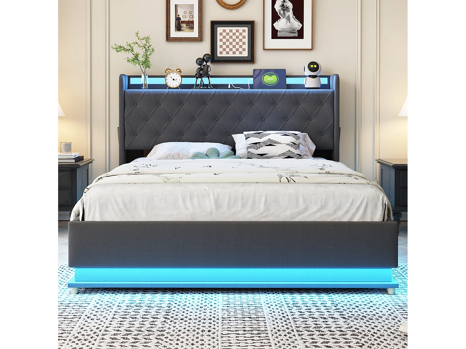 Lit Rembourré LED 140x200 cm Lin avec USB et Rangement Hydraulique, Sommier Métallique Robuste,Tissu Hypoallergénique Durable, Gris