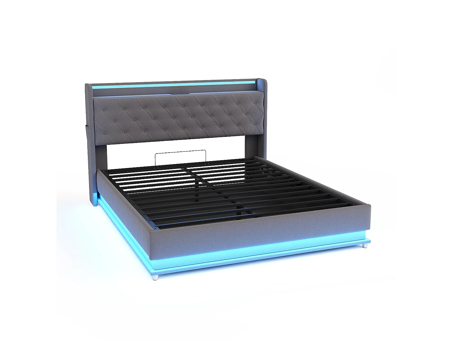 Lit Rembourré LED 140x200 cm Lin avec USB et Rangement Hydraulique, Sommier Métallique Robuste,Tissu Hypoallergénique Durable, Gris