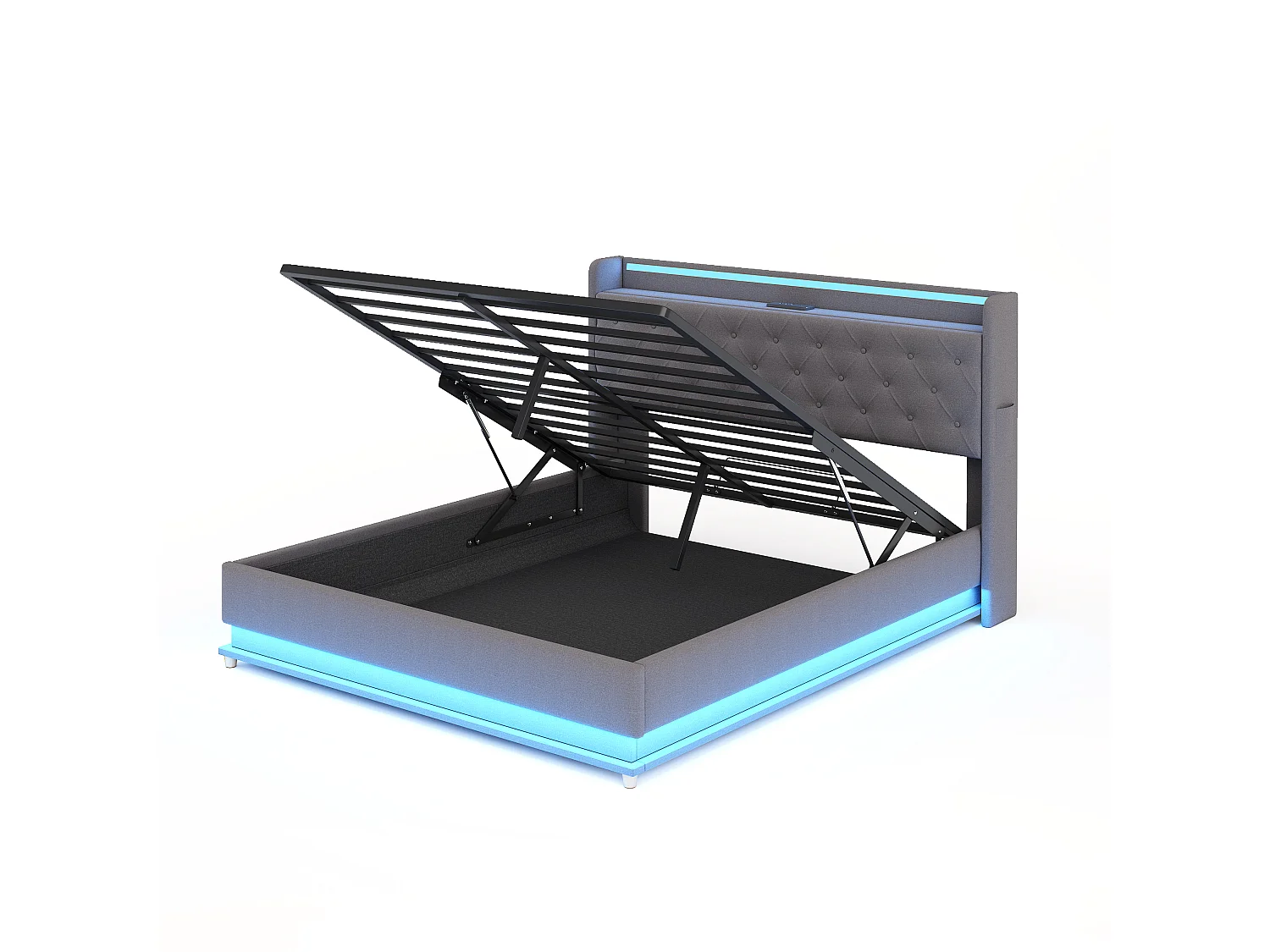 Lit Rembourré LED 140x200 cm Lin avec USB et Rangement Hydraulique, Sommier Métallique Robuste,Tissu Hypoallergénique Durable, Gris
