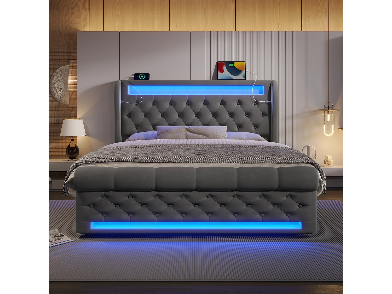 Lit Double 140x190, Velours, LED 360°, Hydraulique, Tête de Lit USB C, Matelas Non Inclus, Gris