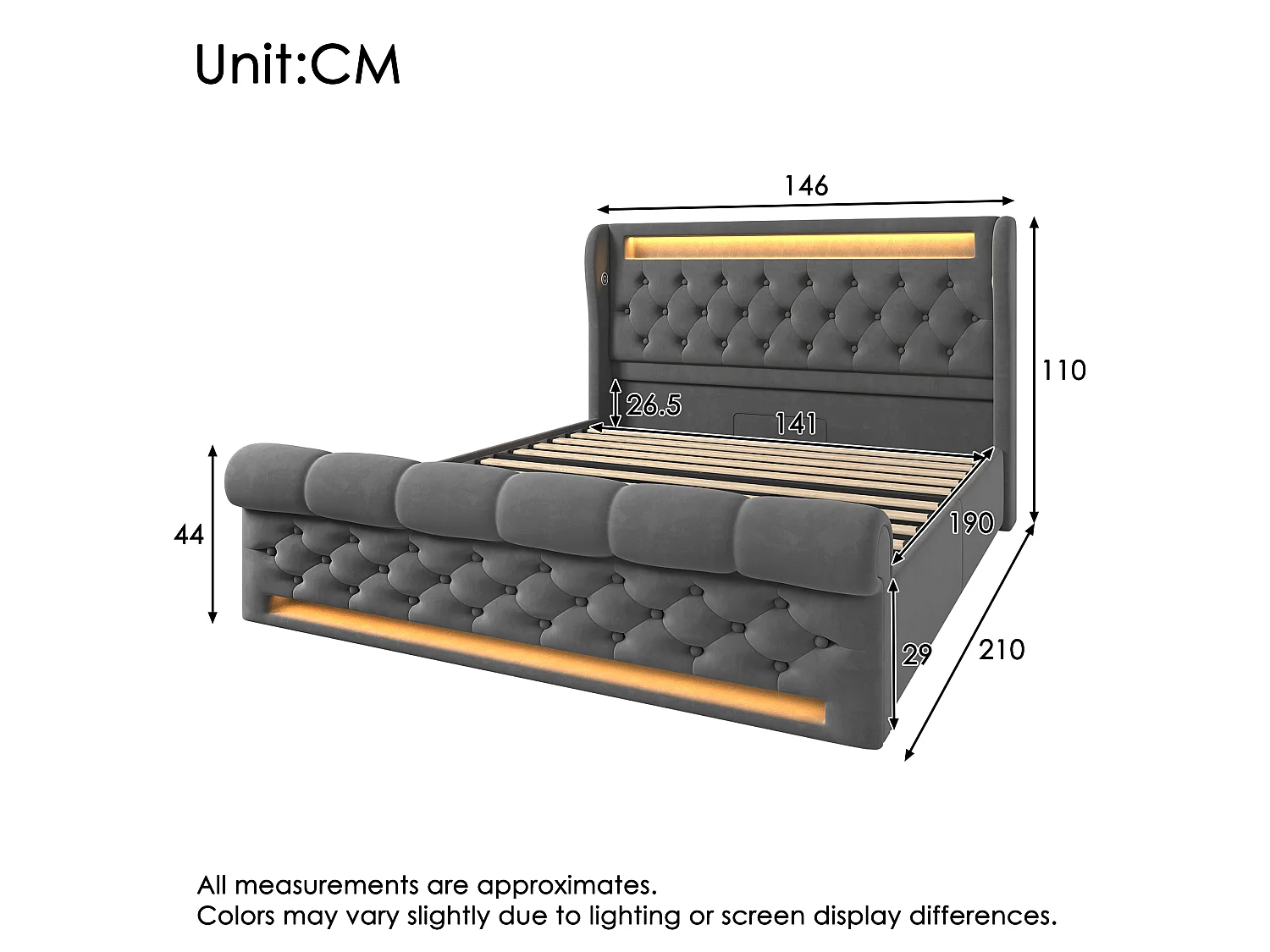 Lit Double 140x190, Velours, LED 360°, Hydraulique, Tête de Lit USB C, Matelas Non Inclus, Gris
