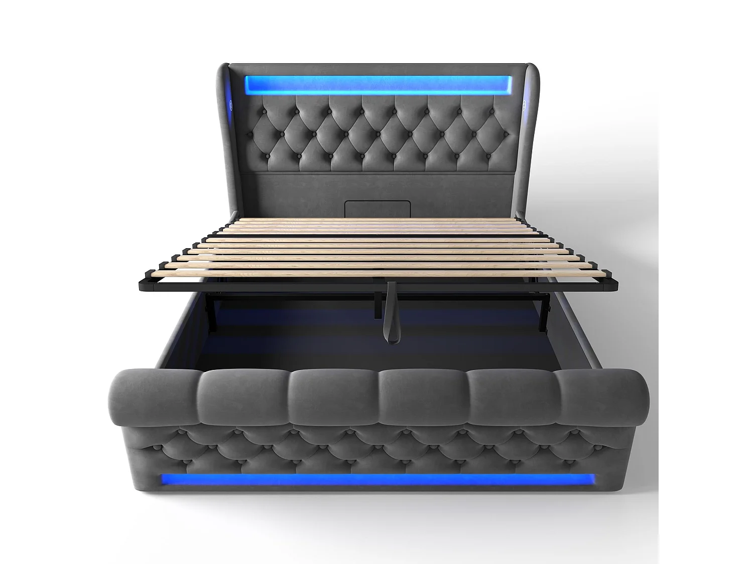 Lit Double 140x190, Velours, LED 360°, Hydraulique, Tête de Lit USB C, Matelas Non Inclus, Gris