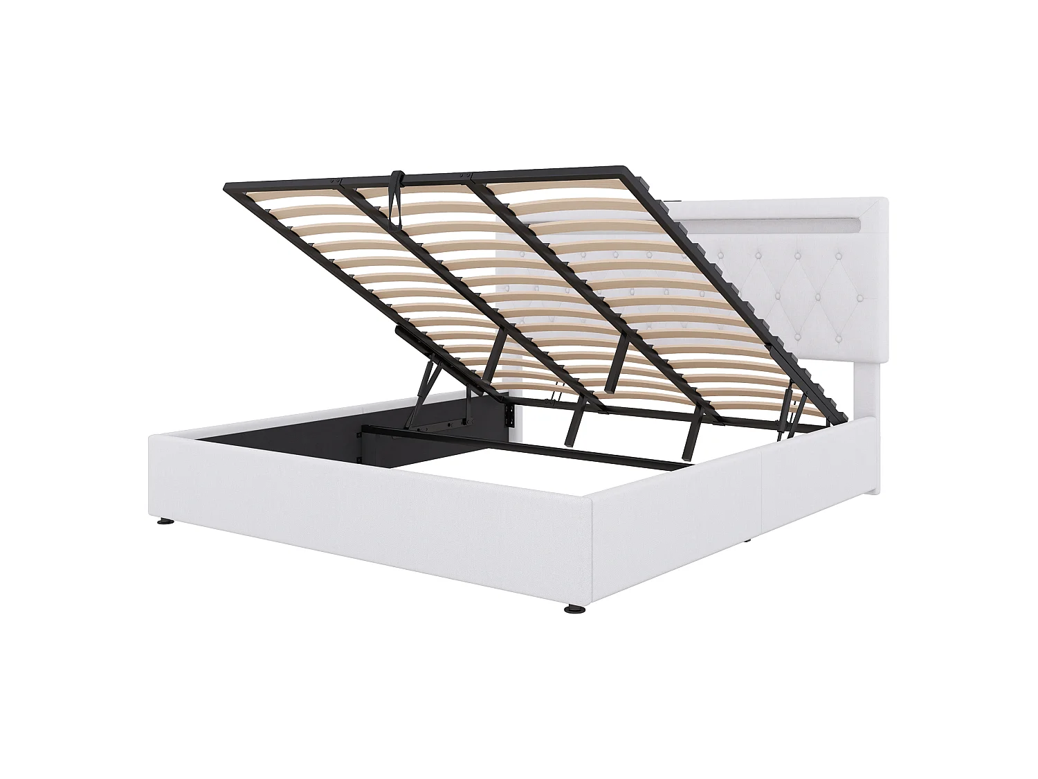 Lit plat 180x200 cm avec rangement hydraulique, lumière d'ambiance LED changeable intégrée, port USB, blanc