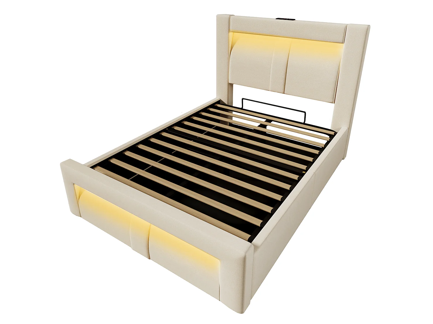 Lit 90x200, USB, Type C, LED App, Hydraulique, Samt, Fer, Lattes Bois, Matelas Non Inclus, Rangement, Beige
