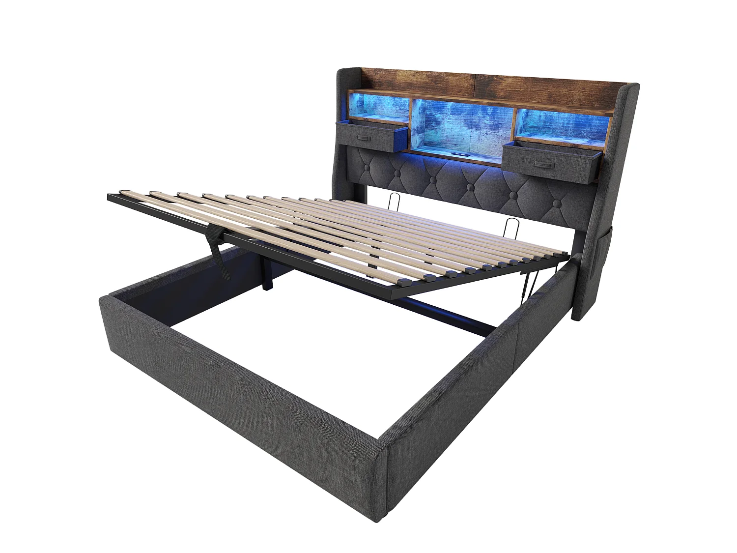 Lit double 140x200 cm gris en lin avec rangement hydraulique, LED et 4 ports USB C, sommier à lattes, sans matelas