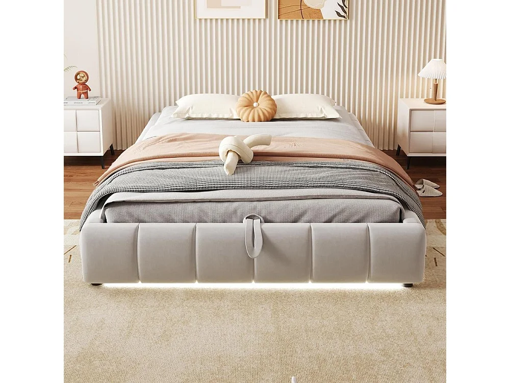 Lit simple 140x200 cm, cadre hydraulique avec rangement, LED blanc intégré, métal robuste, moderne et pratique, beige