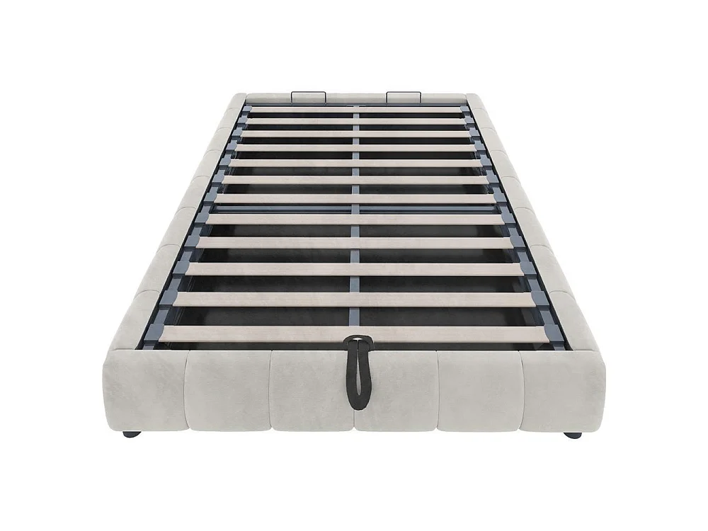 Lit simple 140x200 cm, cadre hydraulique avec rangement, LED blanc intégré, métal robuste, moderne et pratique, beige