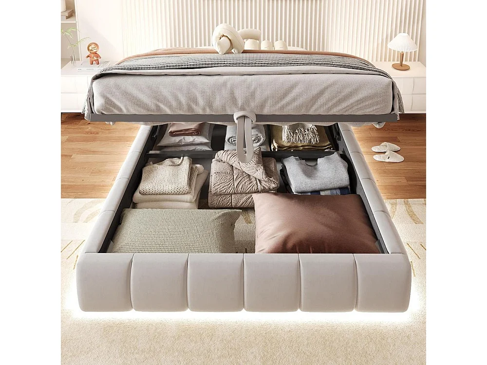 Lit simple 140x200 cm, cadre hydraulique avec rangement, LED blanc intégré, métal robuste, moderne et pratique, beige