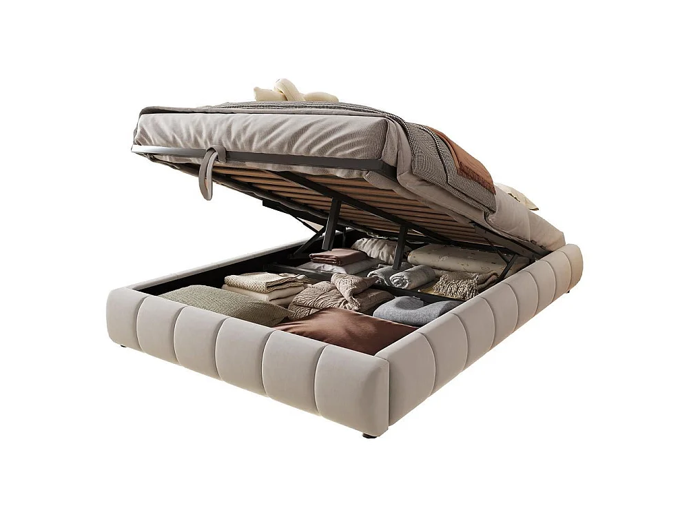 Lit simple 140x200 cm, cadre hydraulique avec rangement, LED blanc intégré, métal robuste, moderne et pratique, beige