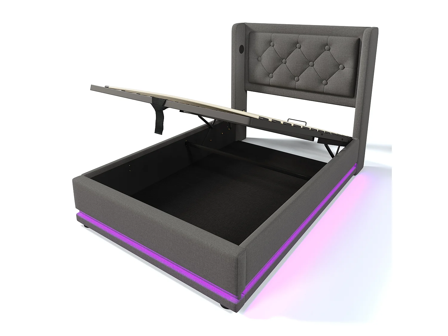 Lit simple 90x200 cm en coton avec rangement hydraulique, USB C et LED 3 côtés, tête de lit rembourrée, gris