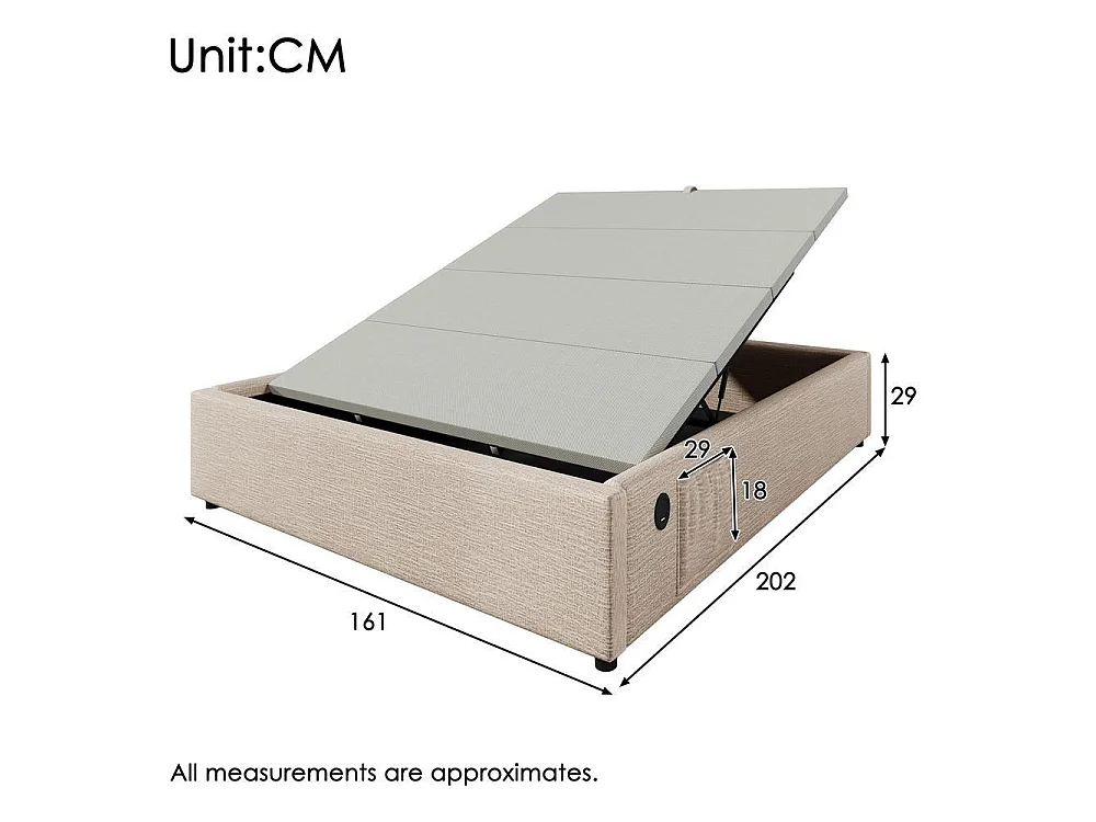 Lit tapissé 160x200 cm, USB-C, sommier pleine surface, sans tête de lit, lin, confortable et pratique, naturel