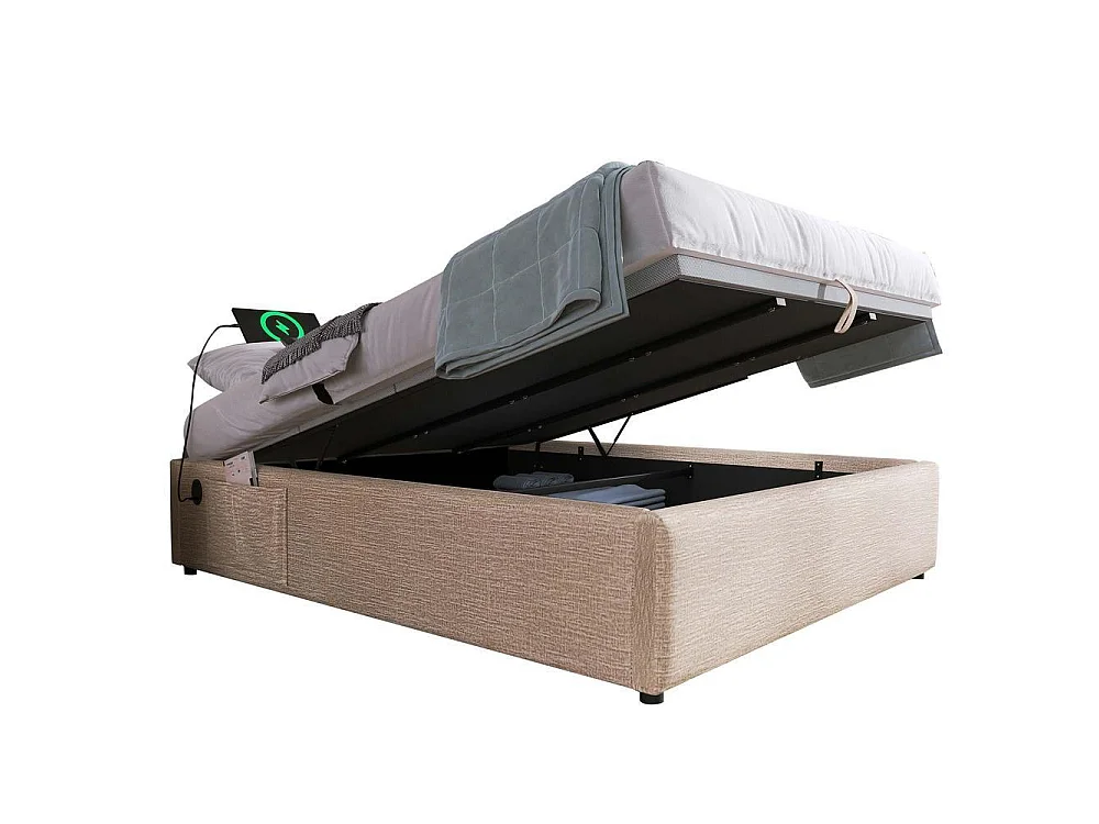 Lit tapissé 160x200 cm, USB-C, sommier pleine surface, sans tête de lit, lin, confortable et pratique, naturel