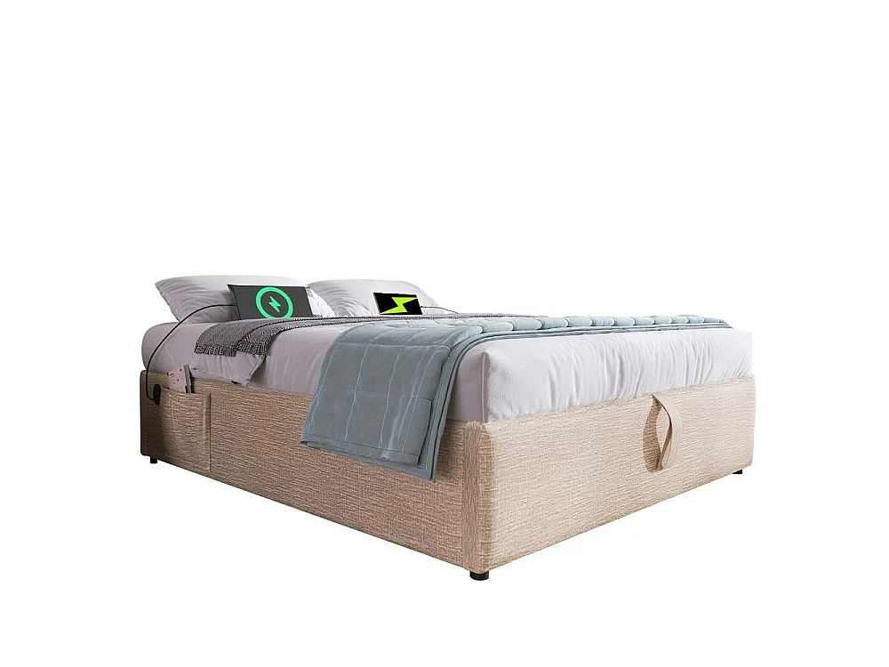 Lit tapissé 160x200 cm, USB-C, sommier pleine surface, sans tête de lit, lin, confortable et pratique, naturel
