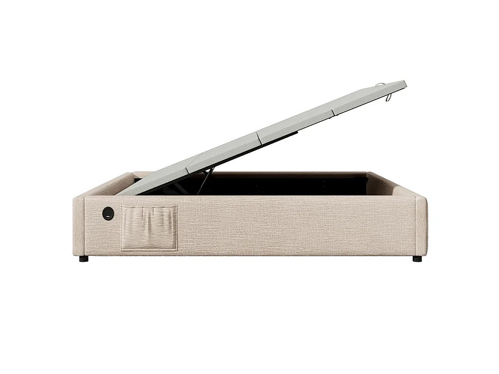 Lit tapissé 160x200 cm, USB-C, sommier pleine surface, sans tête de lit, lin, confortable et pratique, naturel