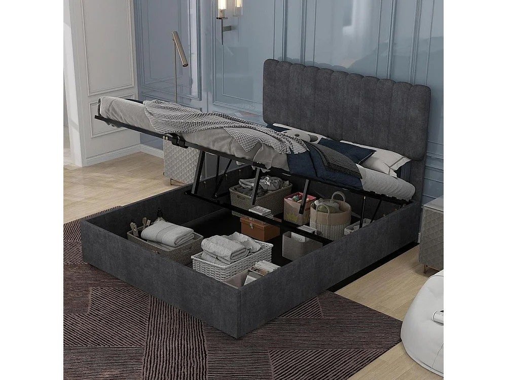 Lit rembourré moderne 160x200 cm avec tête de lit douce, coffre de rangement hydraulique, design minimaliste chambre adulte, gris