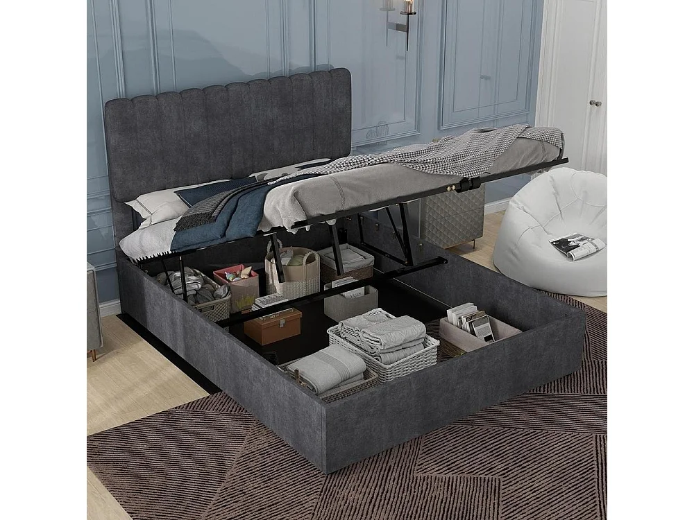 Lit rembourré moderne 160x200 cm avec tête de lit douce, coffre de rangement hydraulique, design minimaliste chambre adulte, gris