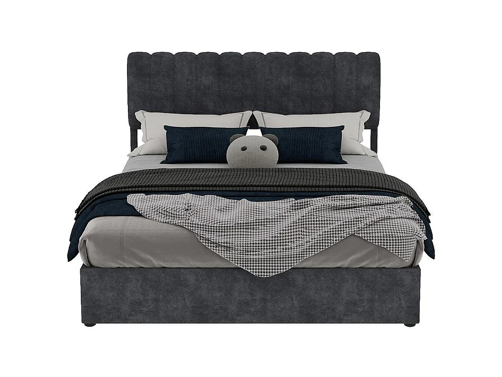 Lit rembourré moderne 160x200 cm avec tête de lit douce, coffre de rangement hydraulique, design minimaliste chambre adulte, gris