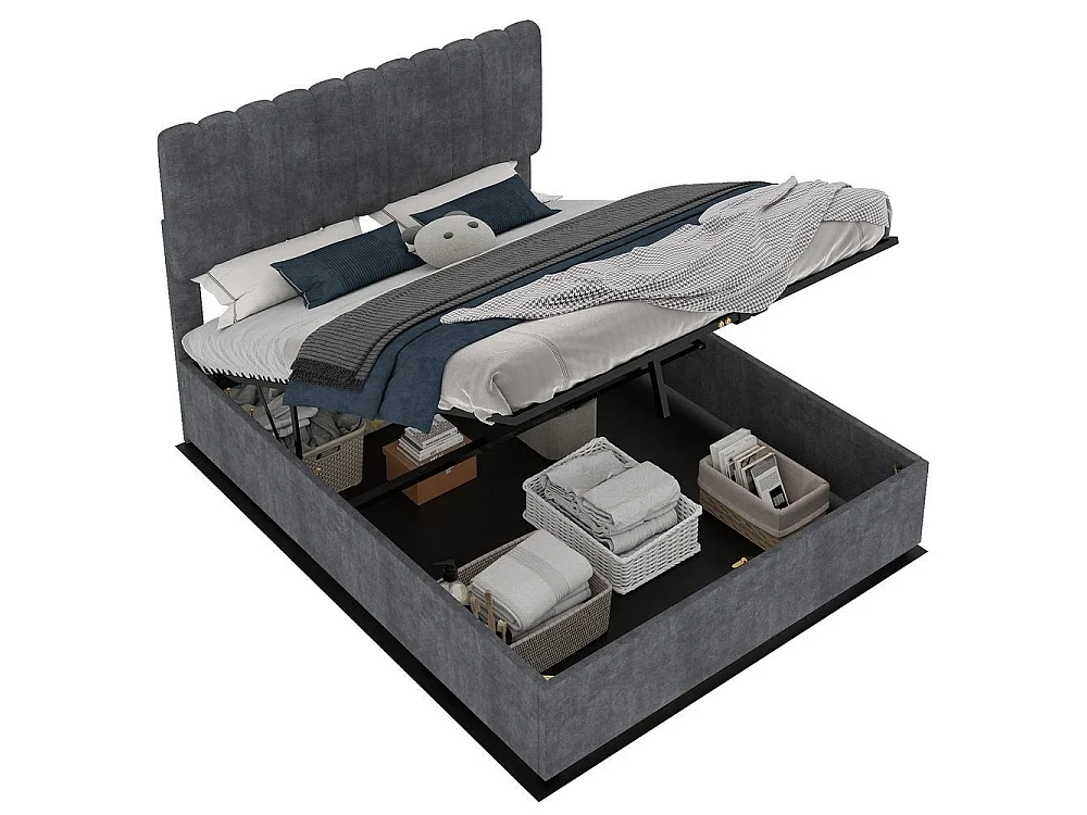 Lit rembourré moderne 160x200 cm avec tête de lit douce, coffre de rangement hydraulique, design minimaliste chambre adulte, gris