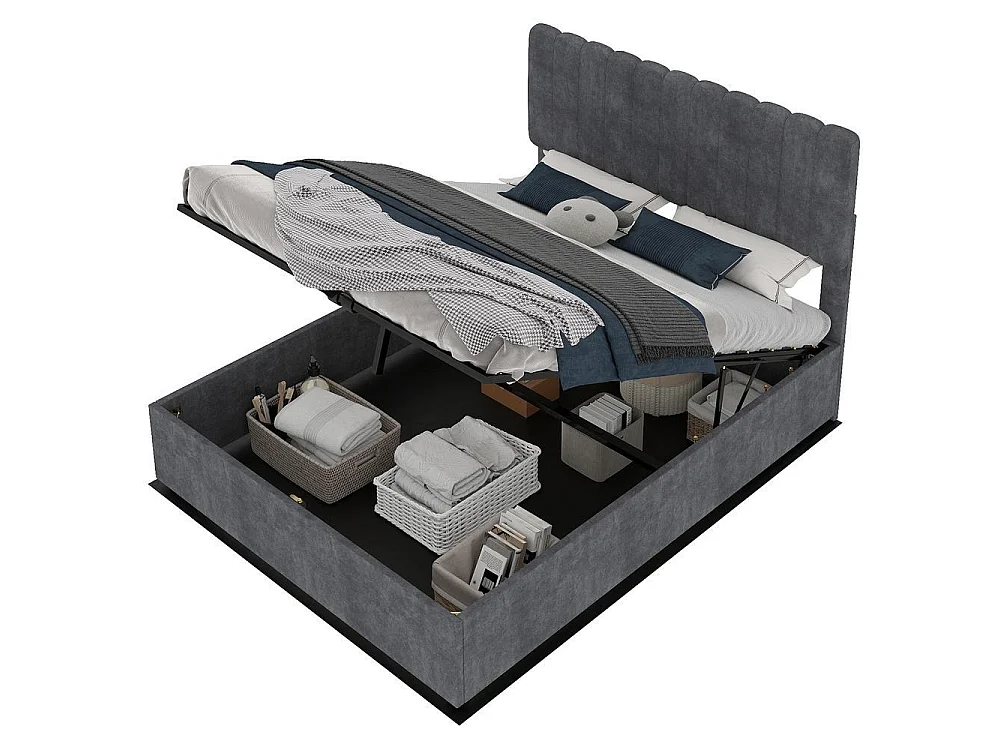 Lit rembourré moderne 160x200 cm avec tête de lit douce, coffre de rangement hydraulique, design minimaliste chambre adulte, gris
