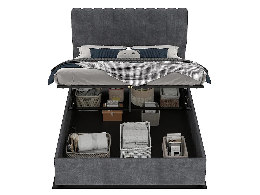 Lit rembourré moderne 160x200 cm avec tête de lit douce, coffre de rangement hydraulique, design minimaliste chambre adulte, gris