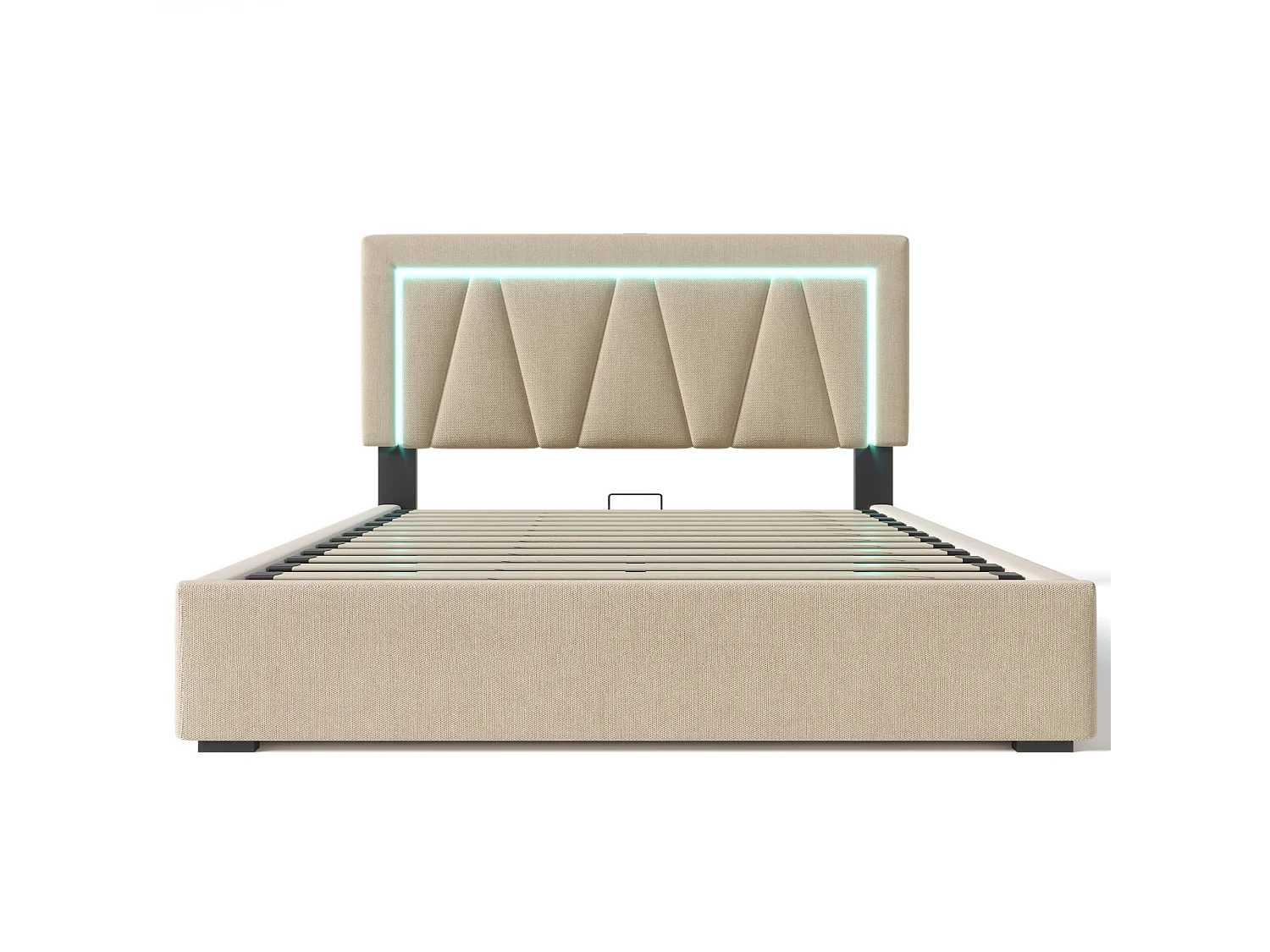 Lit 160x200 cm, lit tapissé hydraulique avec rangement, USB-C, LED télécommandable, tête ajustable, lin gris, sans matelas