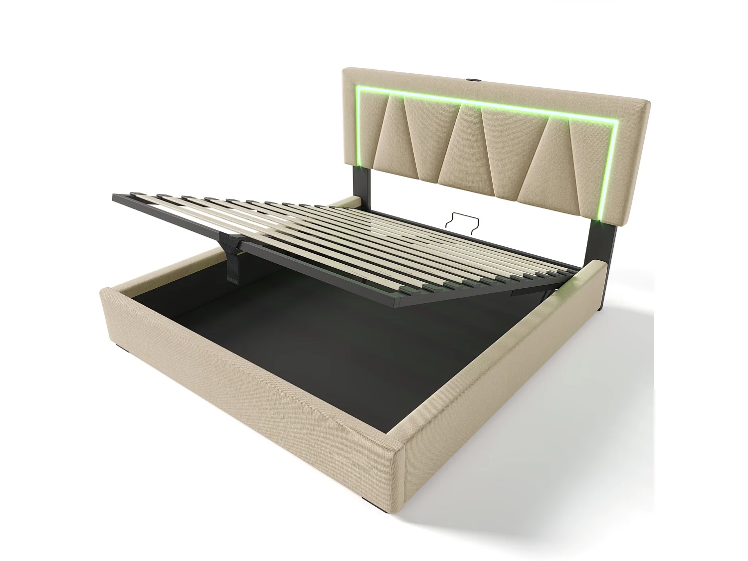 Lit 160x200 cm, lit tapissé hydraulique avec rangement, USB-C, LED télécommandable, tête ajustable, lin gris, sans matelas