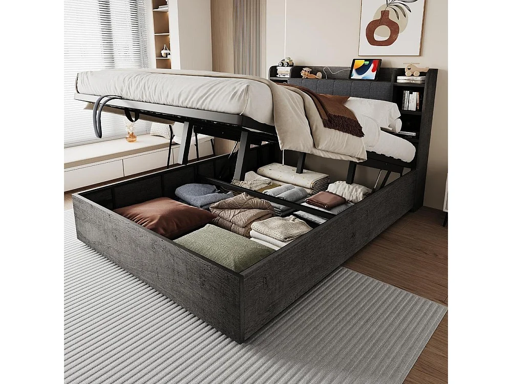 Lit en bois 180x200 cm avec rangement hydraulique, tête avec étagères, grand coffre, prise USB et Type-C, gris