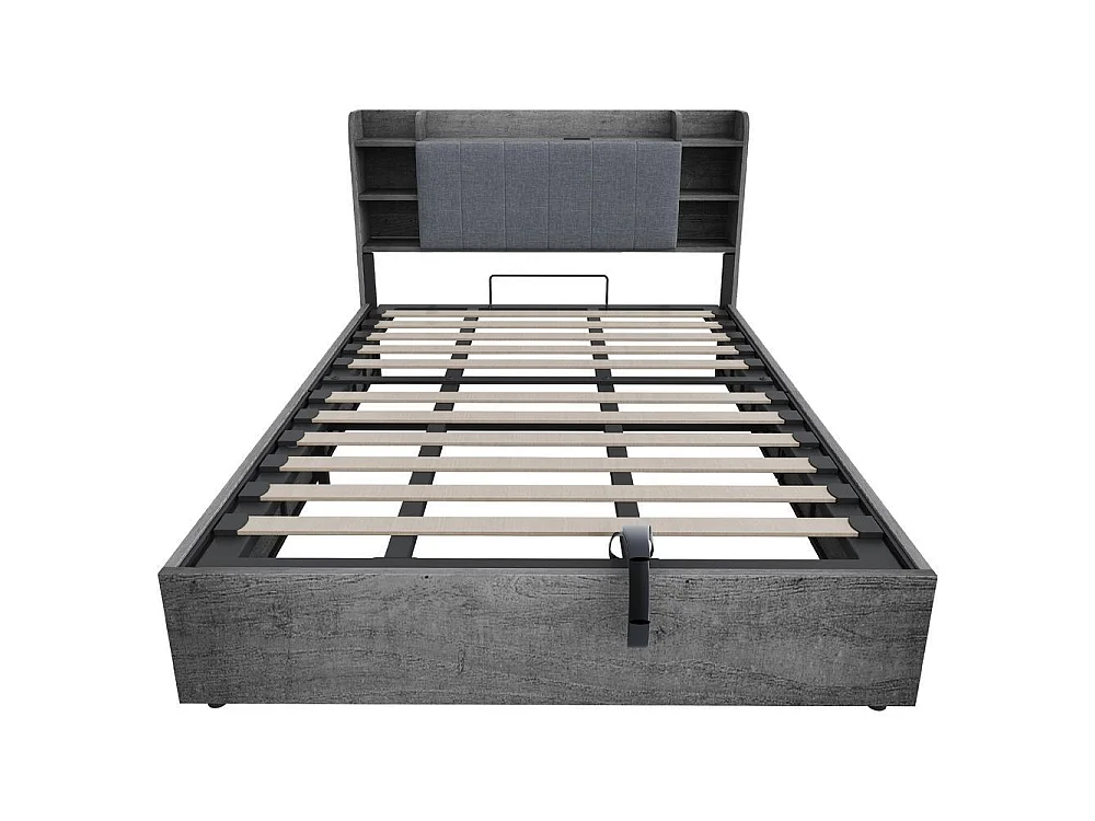 Lit en bois 180x200 cm avec rangement hydraulique, tête avec étagères, grand coffre, prise USB et Type-C, gris