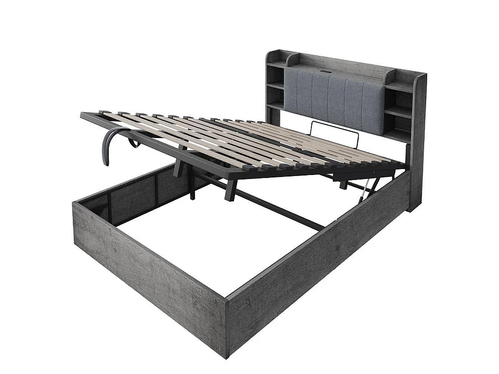 Lit en bois 180x200 cm avec rangement hydraulique, tête avec étagères, grand coffre, prise USB et Type-C, gris