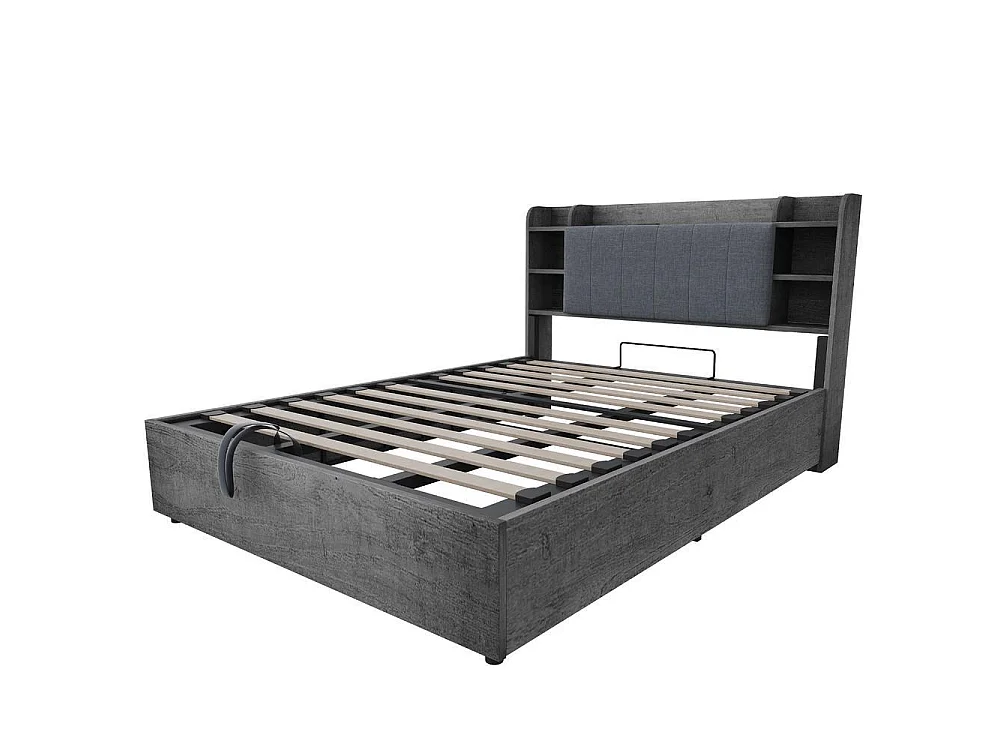 Lit en bois 180x200 cm avec rangement hydraulique, tête avec étagères, grand coffre, prise USB et Type-C, gris