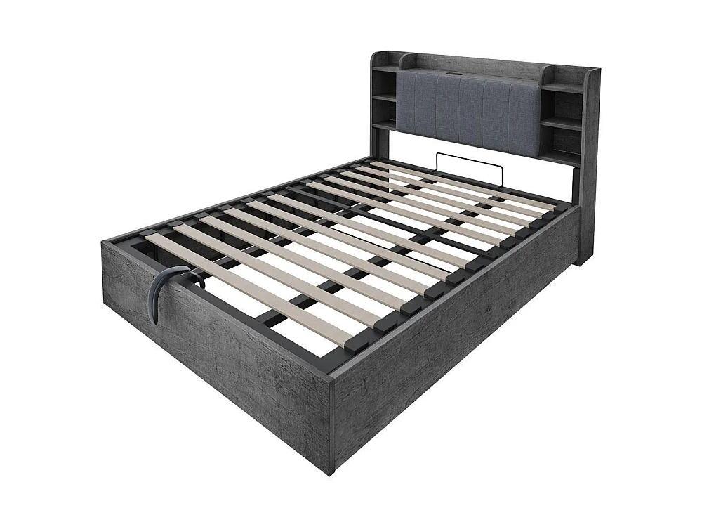 Lit en bois 180x200 cm avec rangement hydraulique, tête avec étagères, grand coffre, prise USB et Type-C, gris
