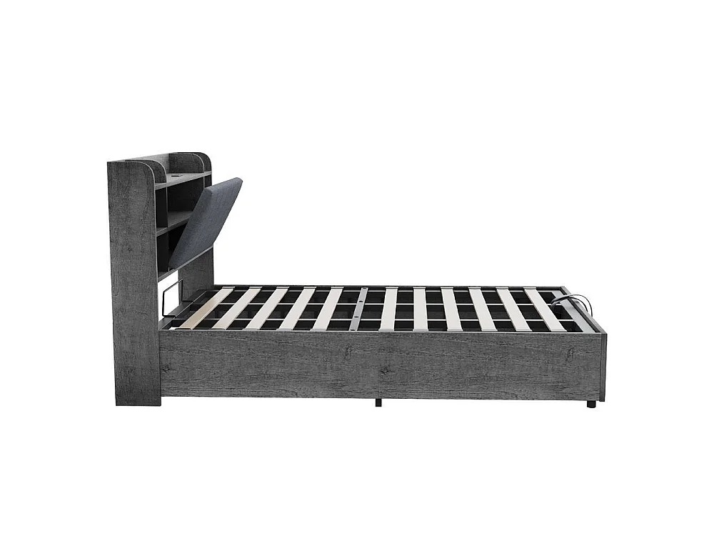 Lit en bois 180x200 cm avec rangement hydraulique, tête avec étagères, grand coffre, prise USB et Type-C, gris