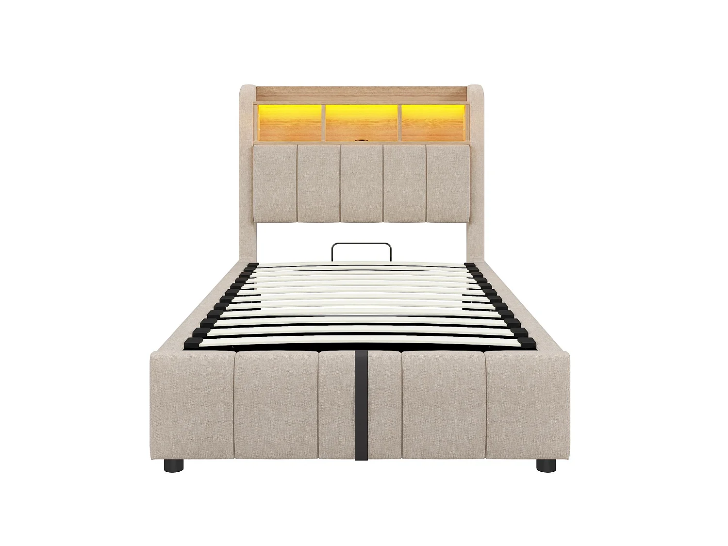 Lit enfant rembourré 90x200 cm beige, avec LED et USB C, tête de lit avec rangement, coffre hydraulique en lin
