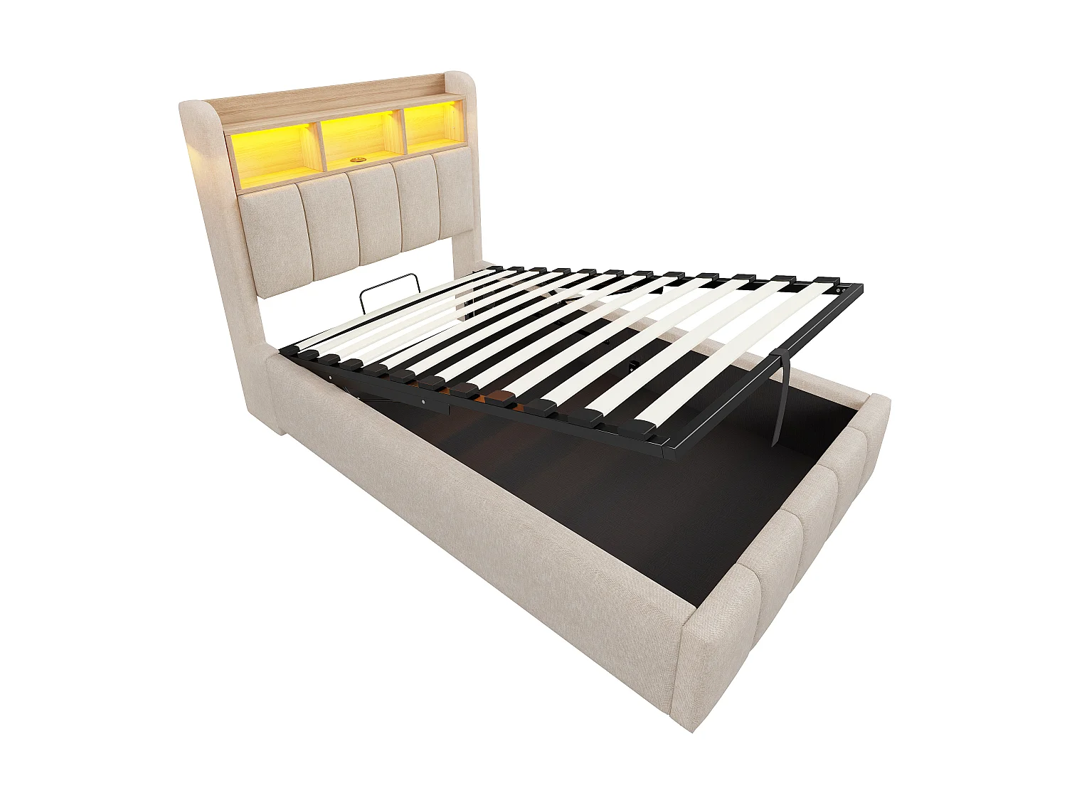 Lit enfant rembourré 90x200 cm beige, avec LED et USB C, tête de lit avec rangement, coffre hydraulique en lin