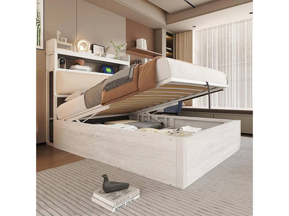 Cadre de lit 90x200 cm avec tête rembourrée, stockage hydraulique, USB intégré, design rétro bois et métal, blanc