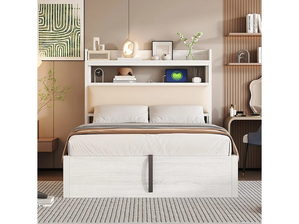 Cadre de lit 90x200 cm avec tête rembourrée, stockage hydraulique, USB intégré, design rétro bois et métal, blanc