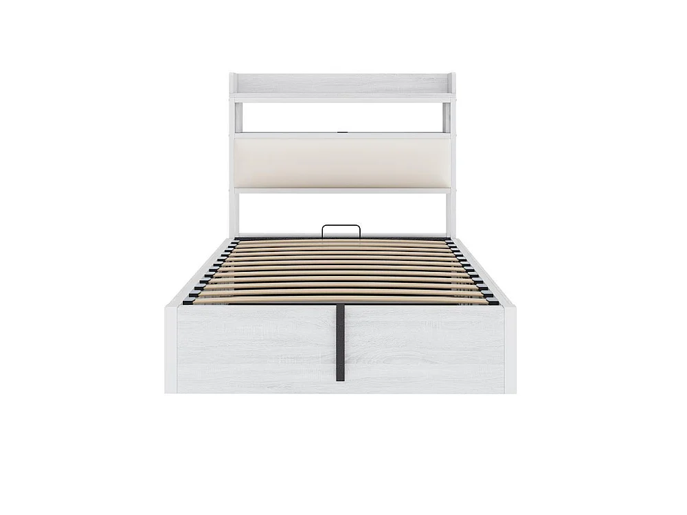 Cadre de lit 90x200 cm avec tête rembourrée, stockage hydraulique, USB intégré, design rétro bois et métal, blanc