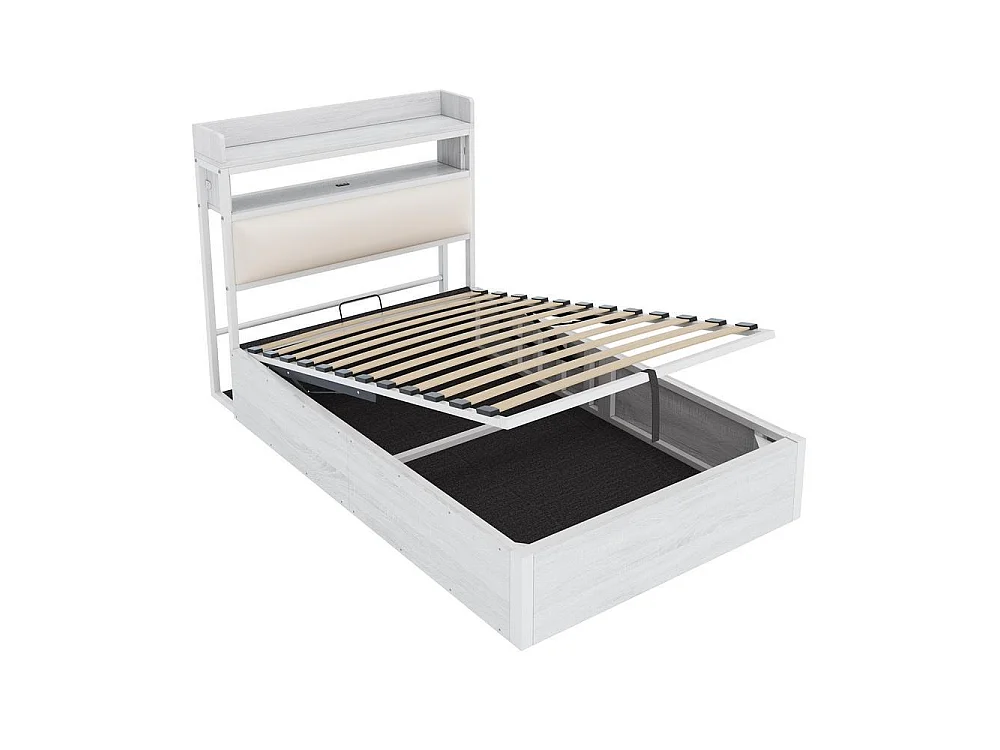 Cadre de lit 90x200 cm avec tête rembourrée, stockage hydraulique, USB intégré, design rétro bois et métal, blanc
