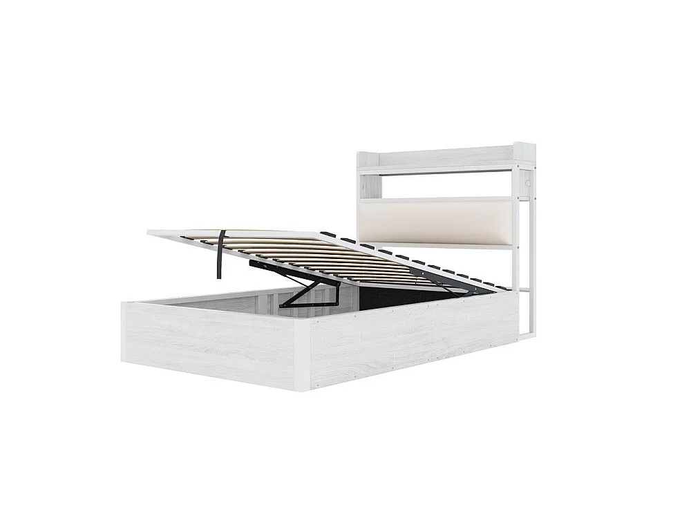 Cadre de lit 90x200 cm avec tête rembourrée, stockage hydraulique, USB intégré, design rétro bois et métal, blanc