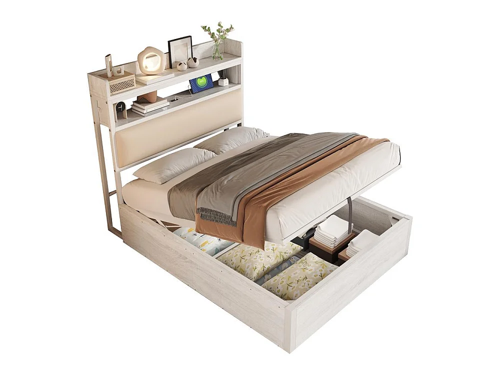 Cadre de lit 90x200 cm avec tête rembourrée, stockage hydraulique, USB intégré, design rétro bois et métal, blanc
