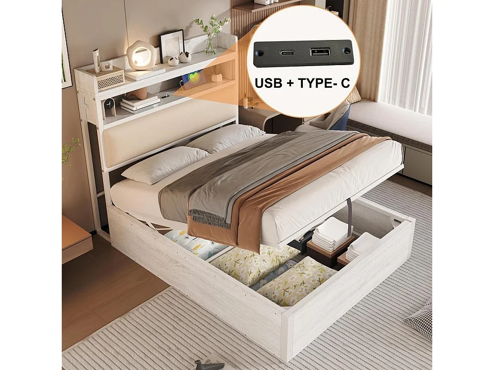 Cadre de lit 90x200 cm avec tête rembourrée, stockage hydraulique, USB intégré, design rétro bois et métal, blanc