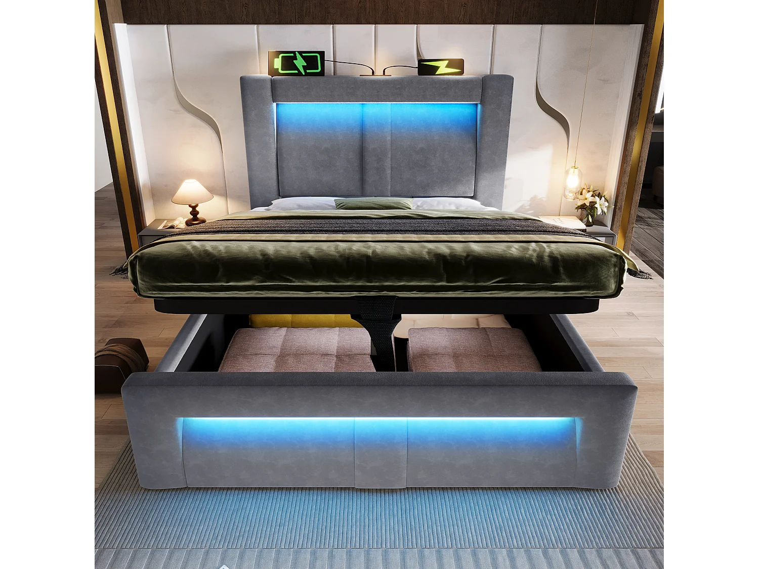 Lit 90x200, USB, Type C, LED App, Hydraulique, Samt, Fer, Lattes Bois, Matelas Non Inclus, Rangement, Gris