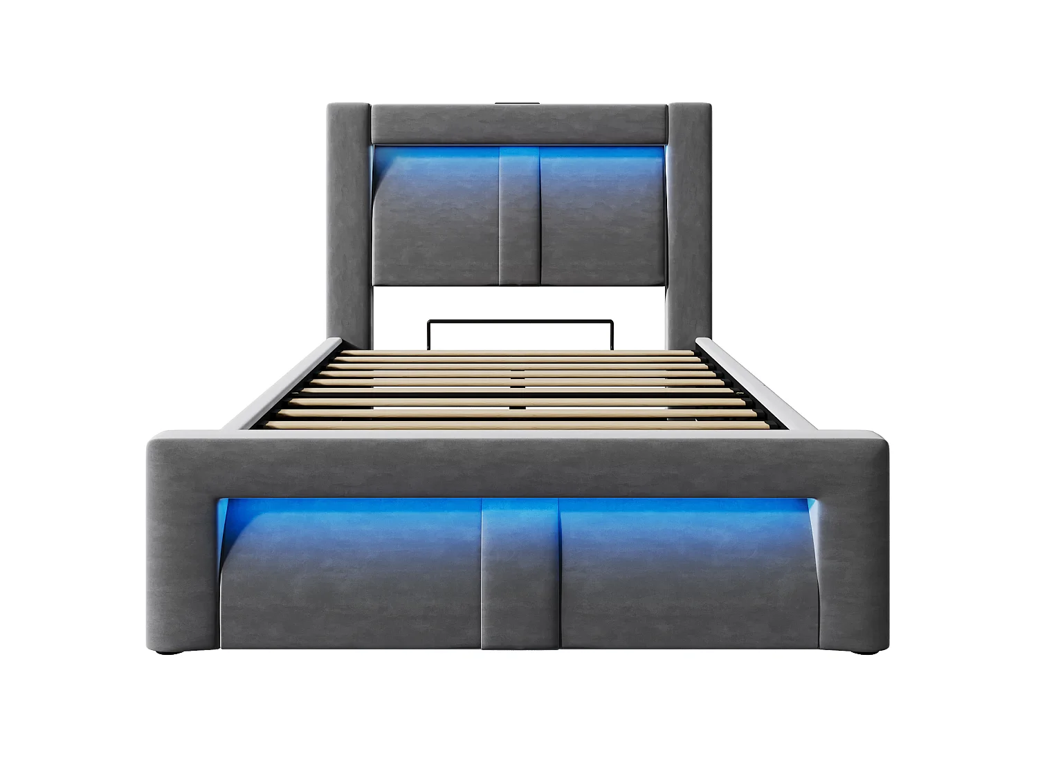 Lit 90x200, USB, Type C, LED App, Hydraulique, Samt, Fer, Lattes Bois, Matelas Non Inclus, Rangement, Gris