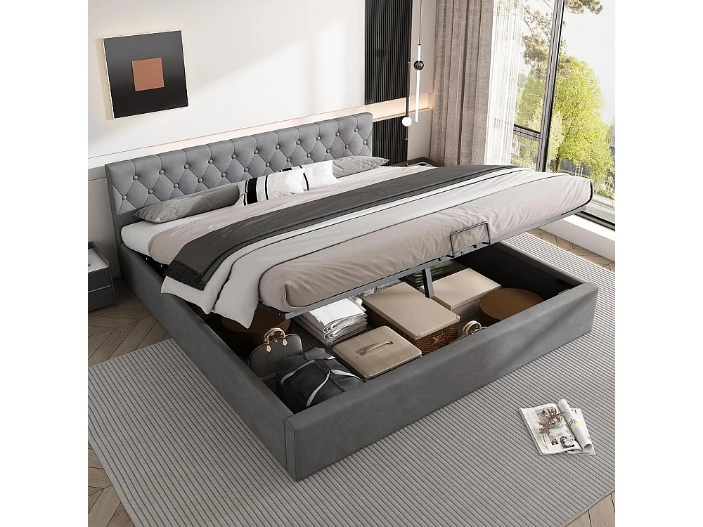 Lit double 180x200 cm en velours, tête capitonnée, coffre de rangement hydraulique, sommier inclus, sans matelas, gris
