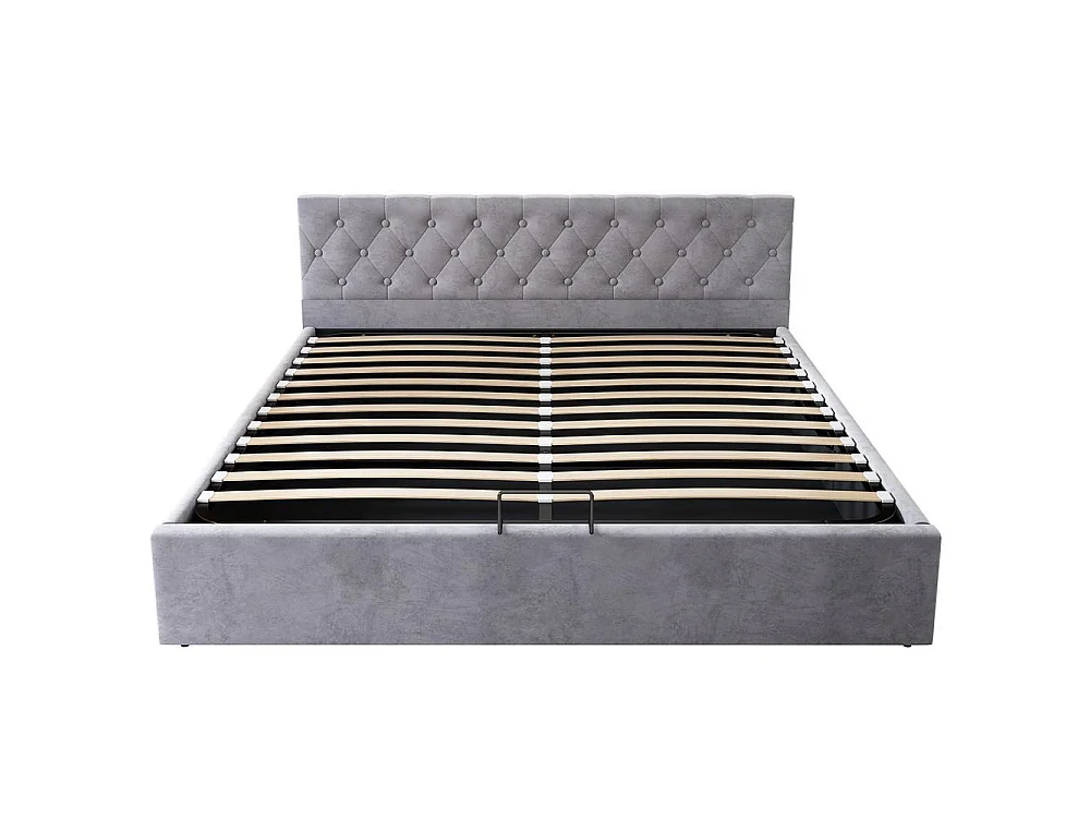 Lit double 180x200 cm en velours, tête capitonnée, coffre de rangement hydraulique, sommier inclus, sans matelas, gris