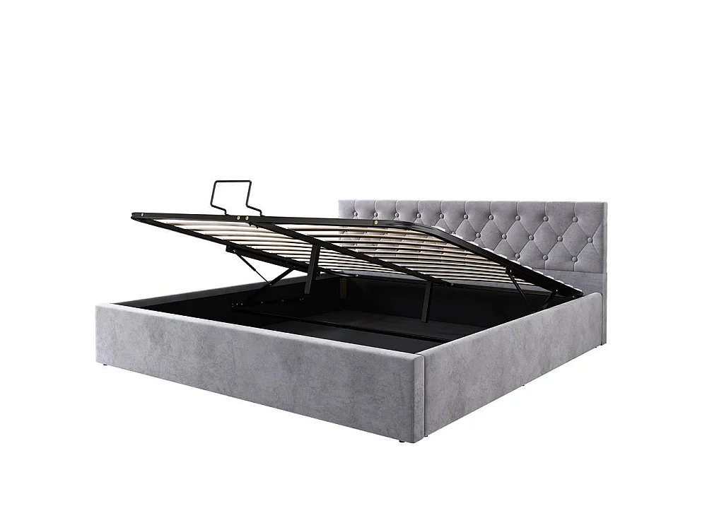 Lit double 180x200 cm en velours, tête capitonnée, coffre de rangement hydraulique, sommier inclus, sans matelas, gris