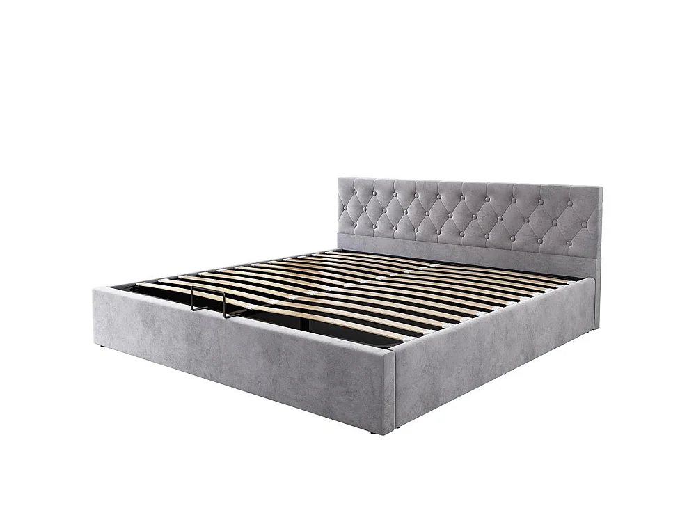 Lit double 180x200 cm en velours, tête capitonnée, coffre de rangement hydraulique, sommier inclus, sans matelas, gris