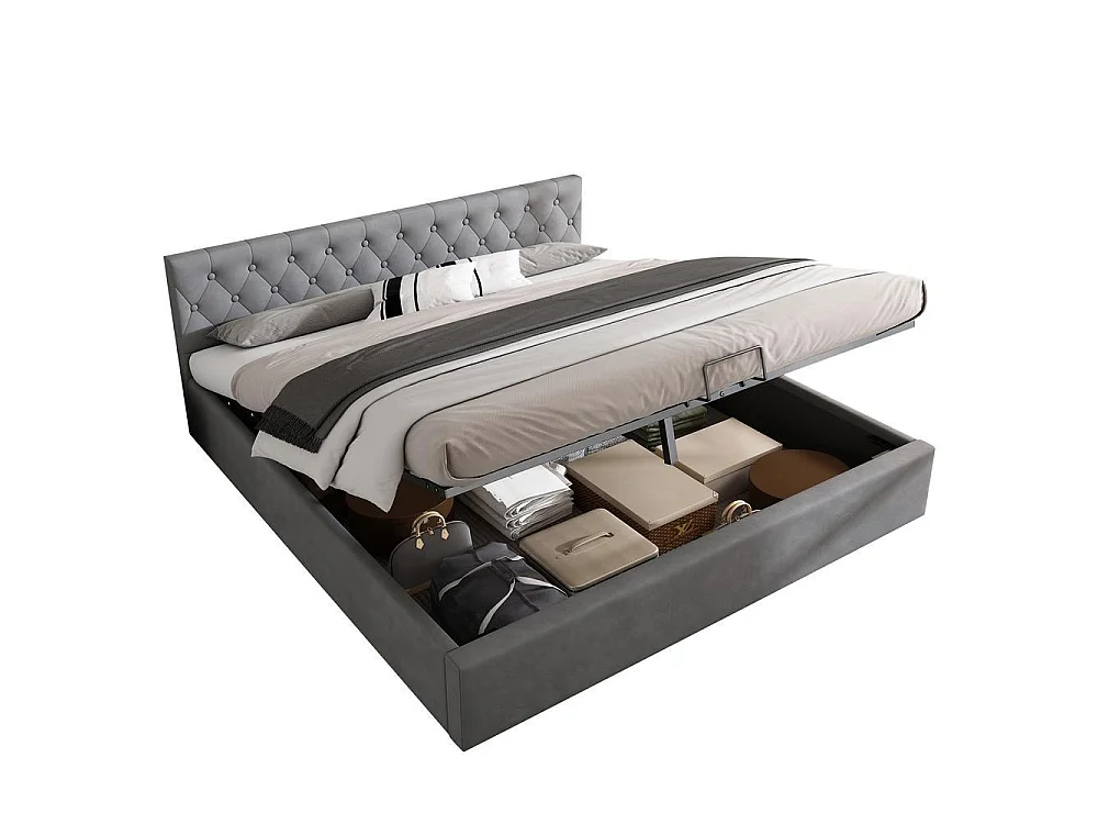 Lit double 180x200 cm en velours, tête capitonnée, coffre de rangement hydraulique, sommier inclus, sans matelas, gris