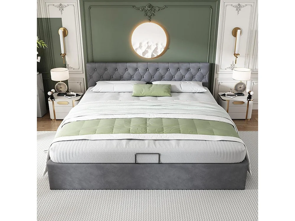 Lit double 180x200 cm en velours, tête capitonnée, coffre de rangement hydraulique, sommier inclus, sans matelas, gris